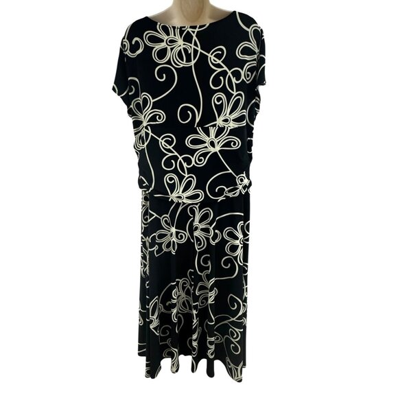London Times Black Ivory Floral Print Ruched Waist Midi Dress Size 16W 1X Plus - Picture 2 of 6